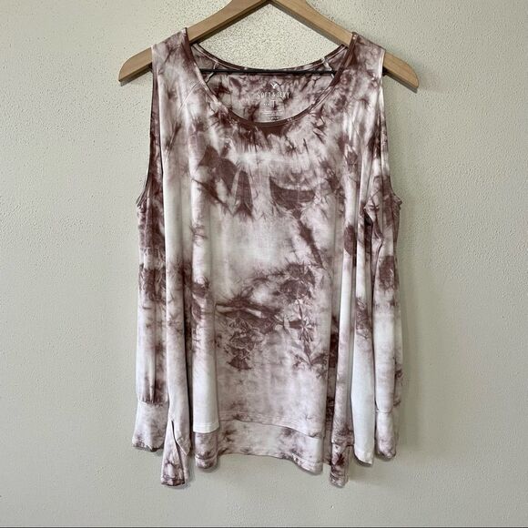 American Eagle Brown and White Tie-Dye Soft & Sexy Cold Shoulder Top - Picture 1 of 6